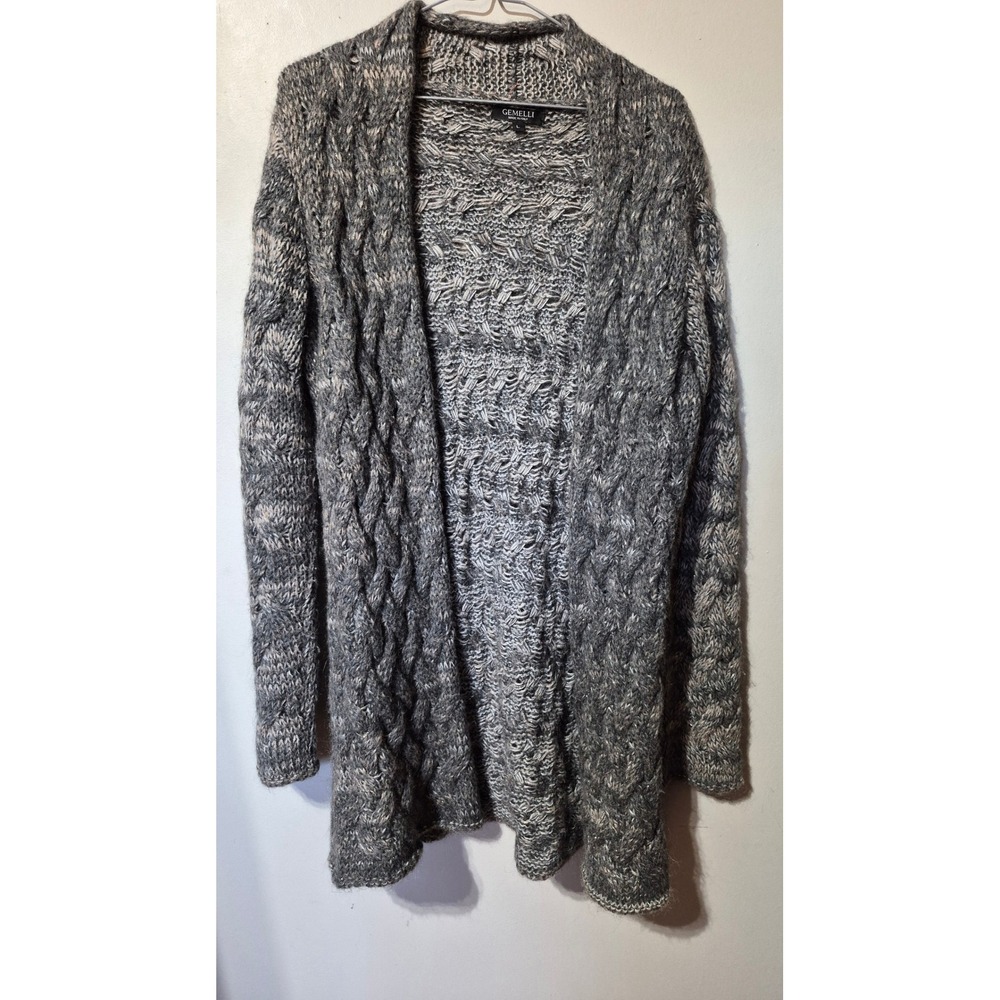 Gemelli Italy Grey Cable Knit Mohair Wool Blend Open Front Cardigan Sweater L